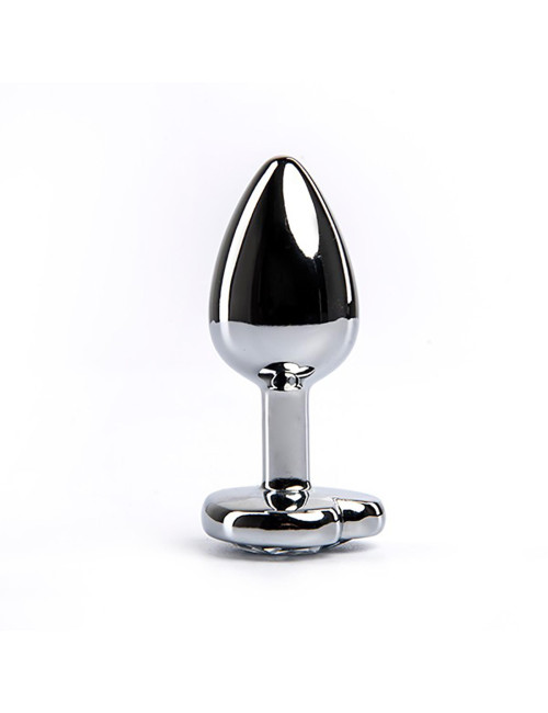 Silver medium heart-shaped butt plug with white crystal