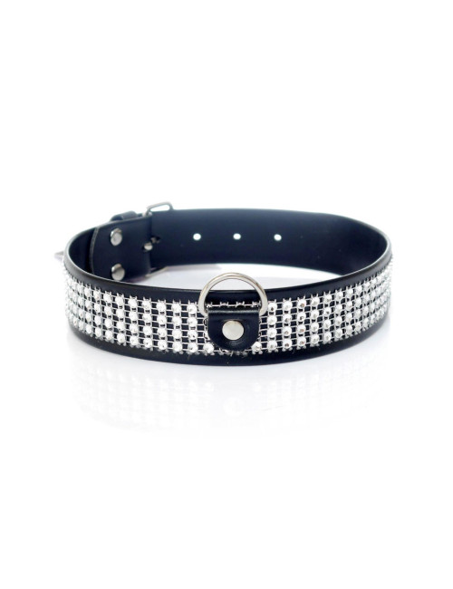 Kołnierz BDSM z kryształkami srebrny 3 cm, regulowany 36-42 cm - Fetish B Series