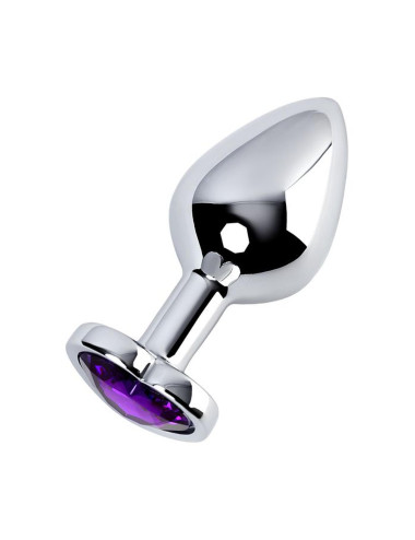 Silver anal plug with purple gem heart-shaped