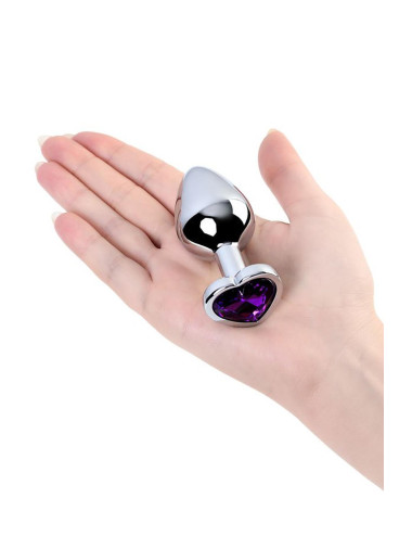 Silver anal plug with purple gem heart-shaped