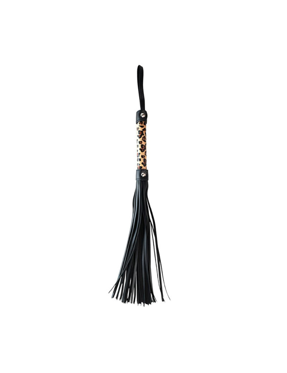 Leopar flogger - Zabawki BDSM, bicze łaskoczące piórka, 45 cm, PU skóra, drewno, metal bez niklu, panterkowy design
