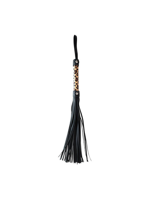 Leopar flogger - Zabawki BDSM, bicze łaskoczące piórka, 45 cm, PU skóra, drewno, metal bez niklu, panterkowy design