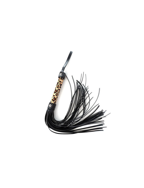 Leopar flogger - Zabawki BDSM, bicze łaskoczące piórka, 45 cm, PU skóra, drewno, metal bez niklu, panterkowy design