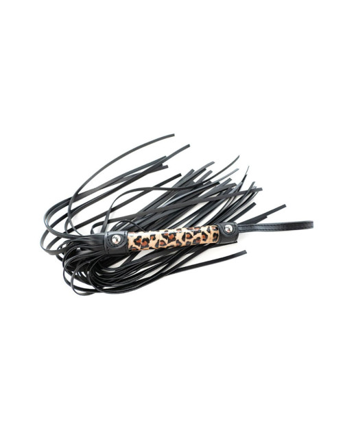Leopar flogger - Zabawki BDSM, bicze łaskoczące piórka, 45 cm, PU skóra, drewno, metal bez niklu, panterkowy design