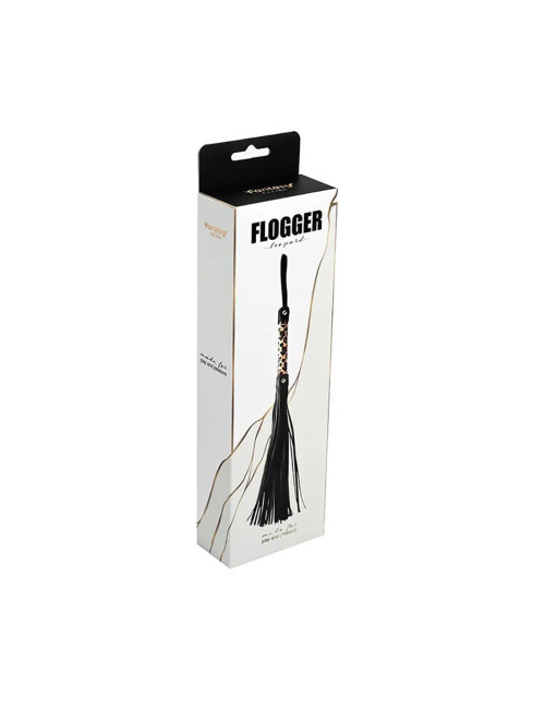 Leopar flogger - Zabawki BDSM, bicze łaskoczące piórka, 45 cm, PU skóra, drewno, metal bez niklu, panterkowy design