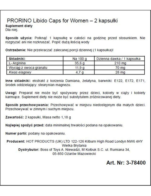 Hot Prorino Women Black Line - Kapsułki na libido dla kobiet, 2 szt.