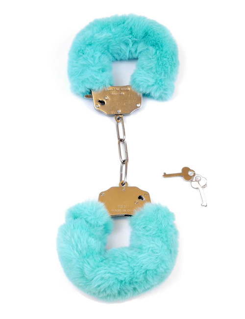 Kajdanki Fetish B Series - Furry Cuffs Blue - BDSM Zabawki, Pluszowe Kajdanki z Krótkim Łańcuchem