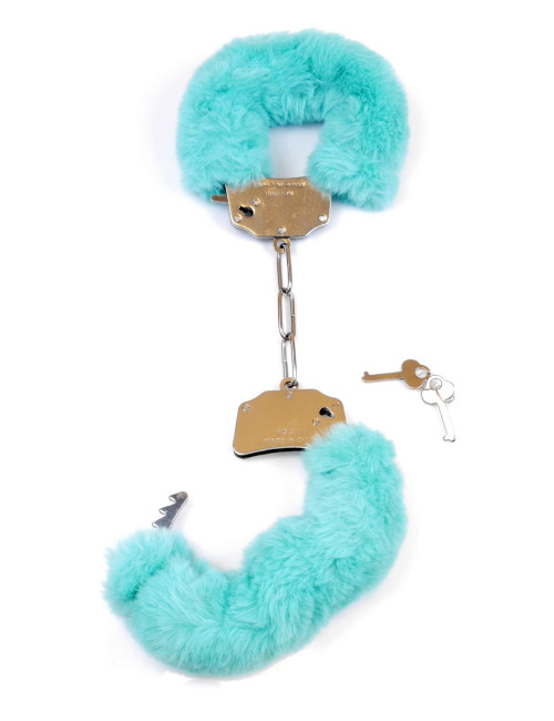 Kajdanki Fetish B Series - Furry Cuffs Blue - BDSM Zabawki, Pluszowe Kajdanki z Krótkim Łańcuchem