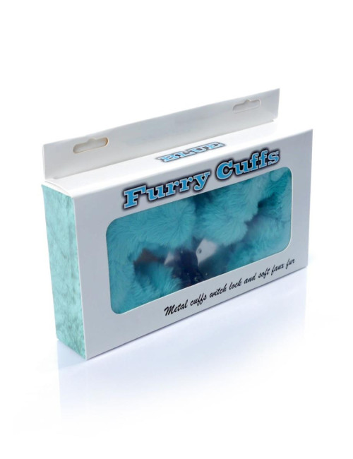 Kajdanki Fetish B Series - Furry Cuffs Blue - BDSM Zabawki, Pluszowe Kajdanki z Krótkim Łańcuchem