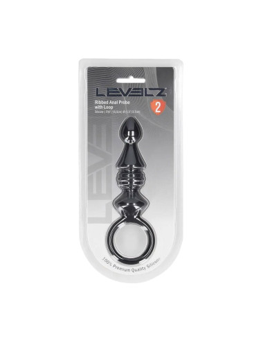 Ribbed Silicone Anal Probe with Loop - Black