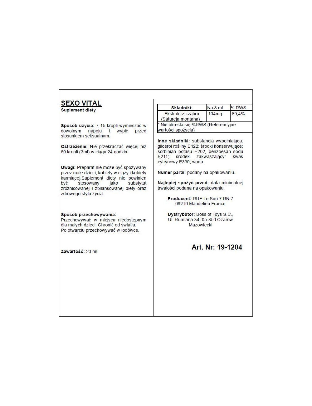Ruf Suplement Diety Aphrodict Sexovital 20 ml