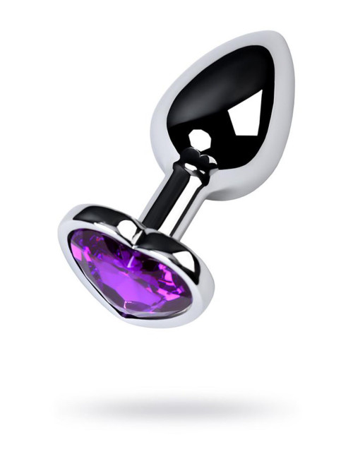 Silver anal plug with purple gem heart-shaped
