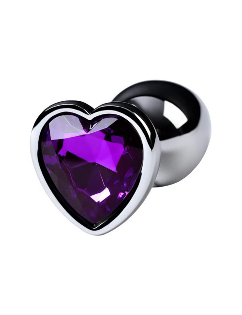Silver anal plug with purple gem heart-shaped