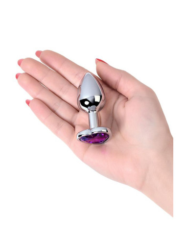 Silver anal plug with purple gem heart-shaped
