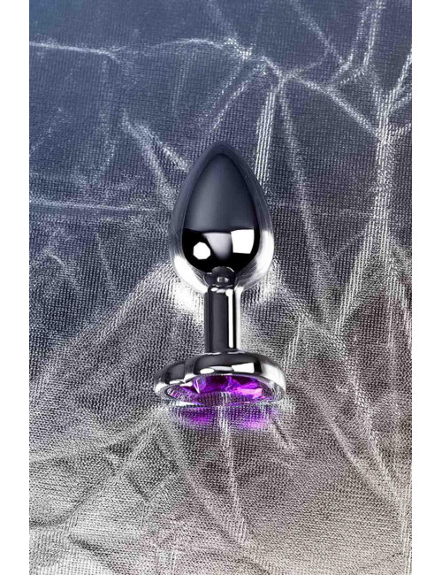 Silver anal plug with purple gem heart-shaped