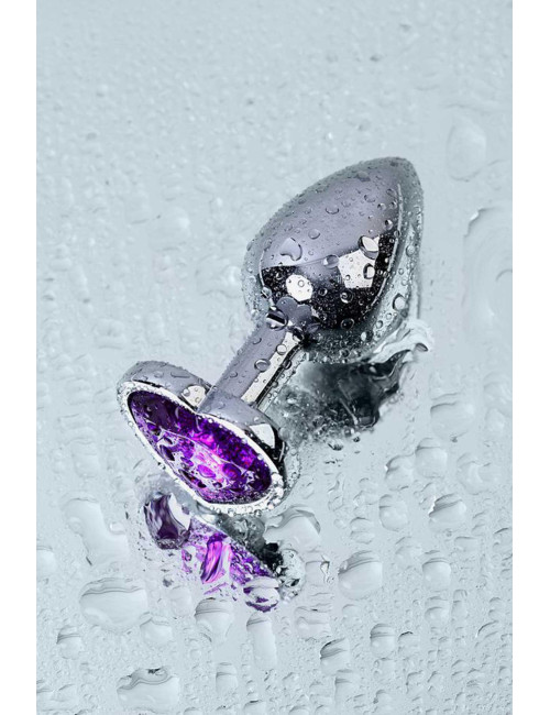 Silver anal plug with purple gem heart-shaped