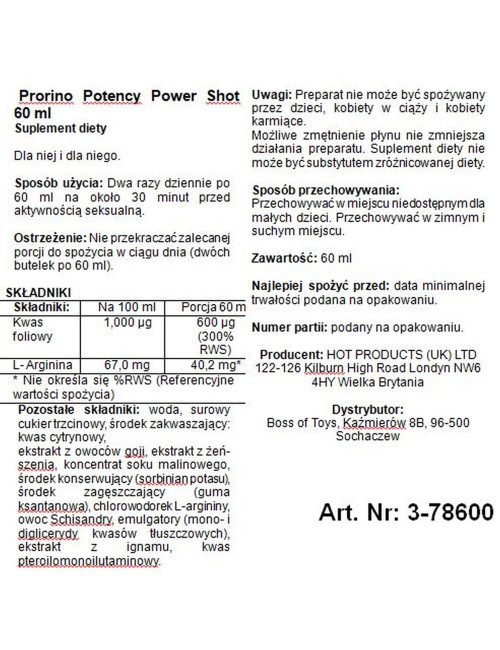 Supl.diety -Prorino Potency Power Shot 60 ml