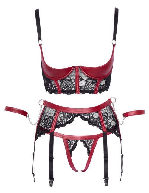 Cottelli BONDAGE – Zestaw Bielisny Shelf Bra Set Czarno-Czerwony XL