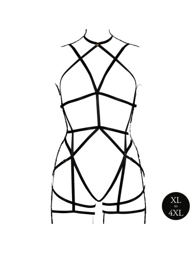 Strappy Open Cup Body Harness with Garters - Plus Size - Black