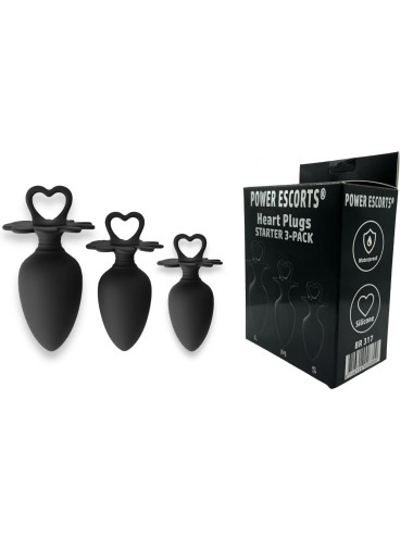 Power Escorts - Heart Plug Anal Starter 3-Pack - S, M & L - Black - quality Silicone - Colour box