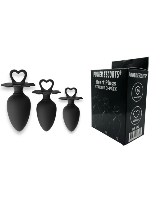 Power Escorts Heart Plug Anal Starter 3-Pack S/M/L - silikon medyczny, korek analny, czarny