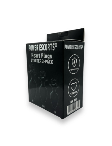 Power Escorts - Heart Plug Anal Starter 3-Pack - S, M & L - Black - quality Silicone - Colour box
