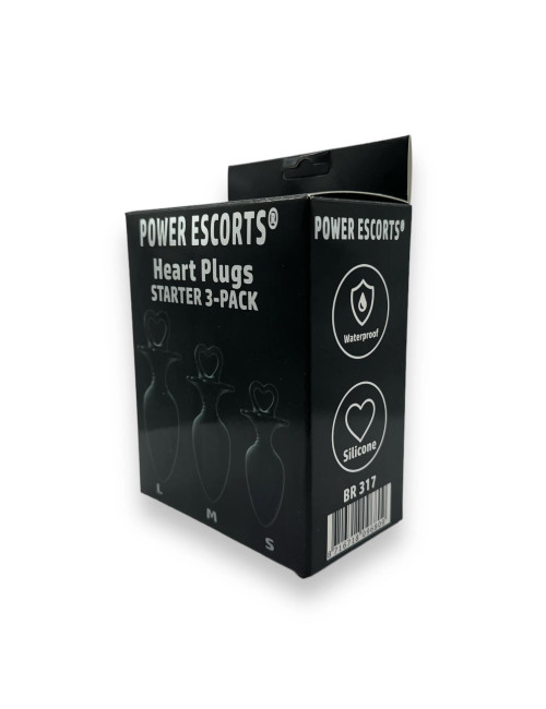 Power Escorts Heart Plug Anal Starter 3-Pack S/M/L - silikon medyczny, korek analny, czarny