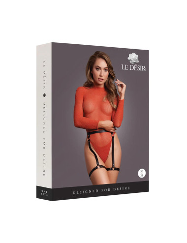 Shimmering Open-Back Bodysuit with PU Leather Garters - One Size - Red/Gold Glitter