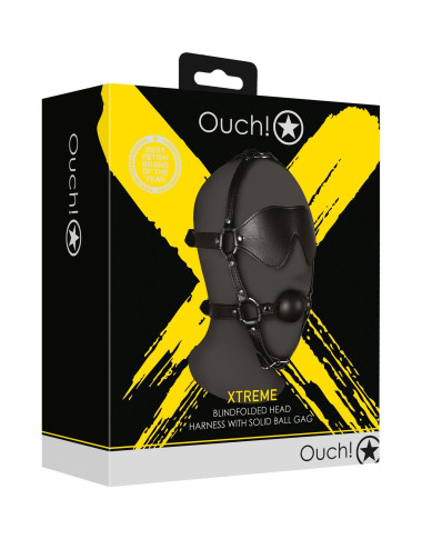 Blindfolded Head Harness with Solid Ball Gag - Black