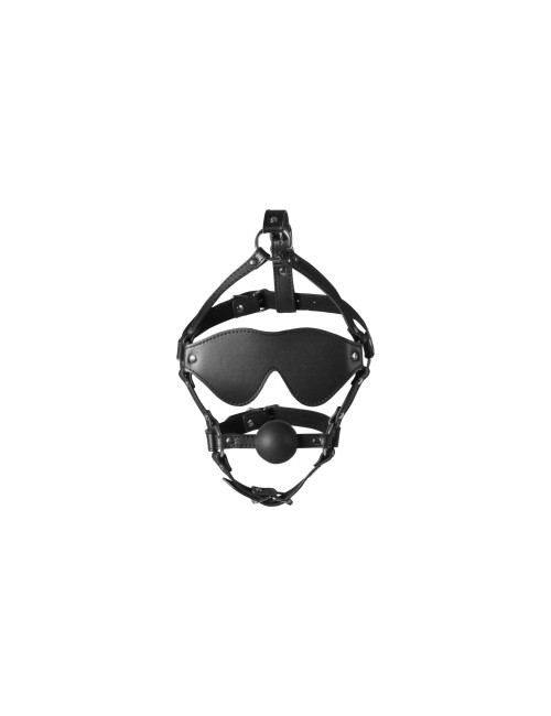 Blindfolded Head Harness with Solid Ball Gag - Black