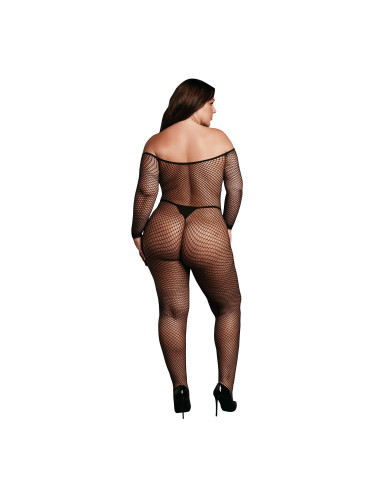 Bodystocking with off shoulder neckline, fishnet structure and open crotch.