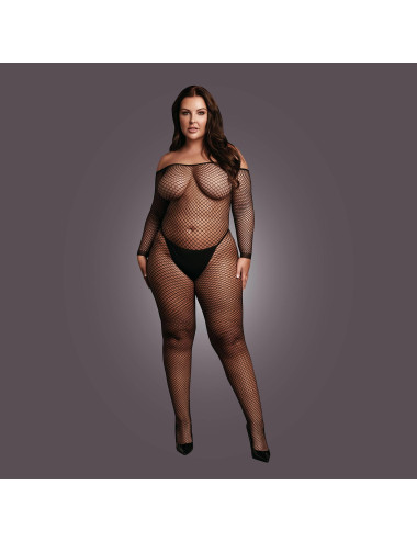Bodystocking with off shoulder neckline, fishnet structure and open crotch.