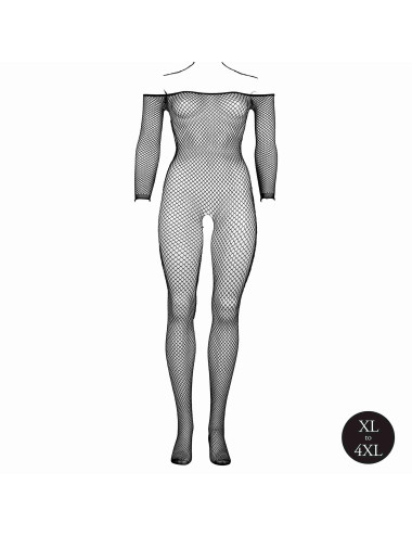 Bodystocking with off shoulder neckline, fishnet structure and open crotch.