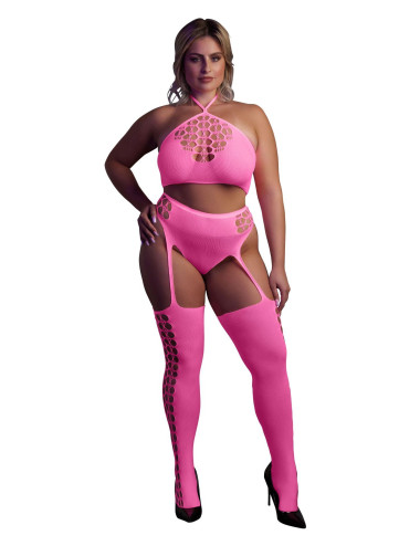 Komplet Bielizny Damskiej Neonowy Crop Top z Pończochami – XL/XXXXL (UV)