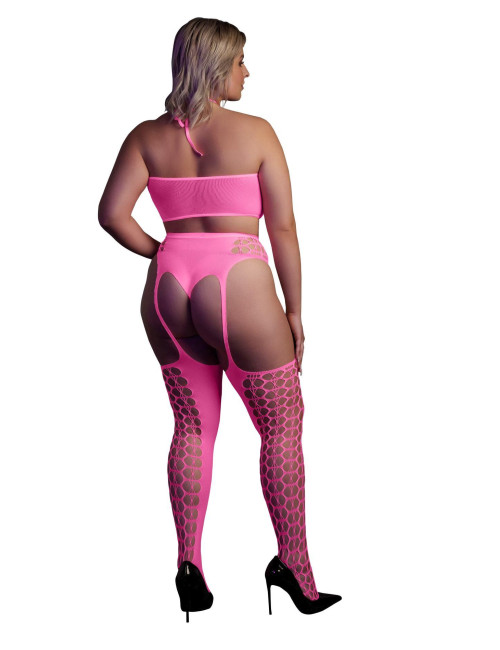 Ouch! Neonowy komplet bielizny Crop Top z pończochami XL/XXXXL