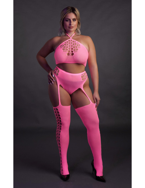 Ouch! Neonowy komplet bielizny Crop Top z pończochami XL/XXXXL
