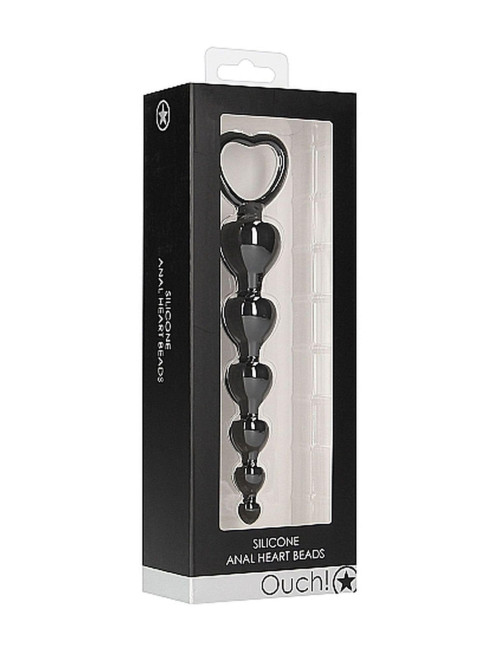 Ouch! Anal Heart Beads Black – Czarne kulki analne w kształcie serc