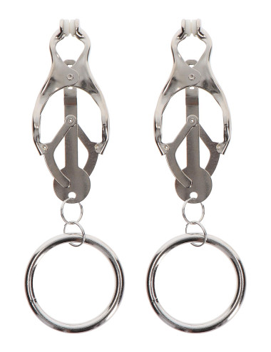 Butterfly Clamps With Ring Silver – Klipsy na sutki i łechtaczkę BDSM, bezniklowe metalowe, 14 cm