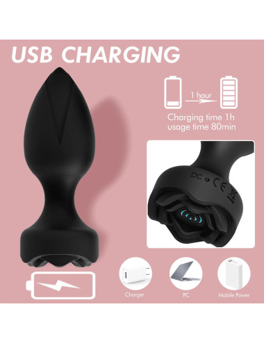 Power Escorts - Princess Plug - Remote Rose Design Plug - USB Rechargeable - 10 Functions - Black