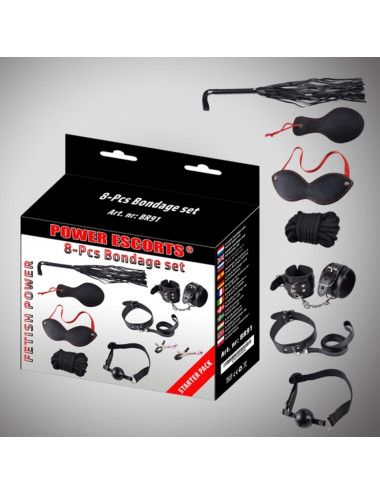 Zestaw bondage 8 szt. – czarny, kajdanki, kołnierz, maska, bicz, klipsy, lina – zestaw BDSM do zabawy, bezpieczny