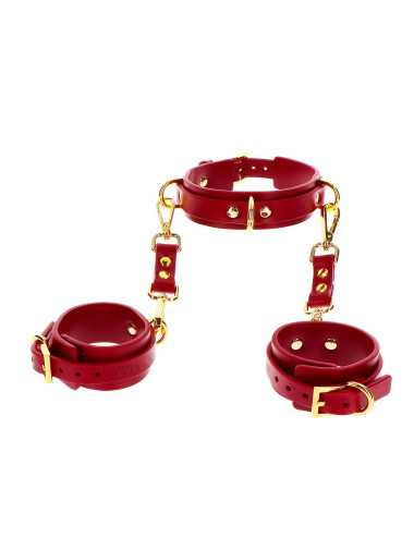 Zestaw Obroża D-Ring i Kajdanki na Nadgarstki – Zabawki BDSM, Czerwone, PU Leather