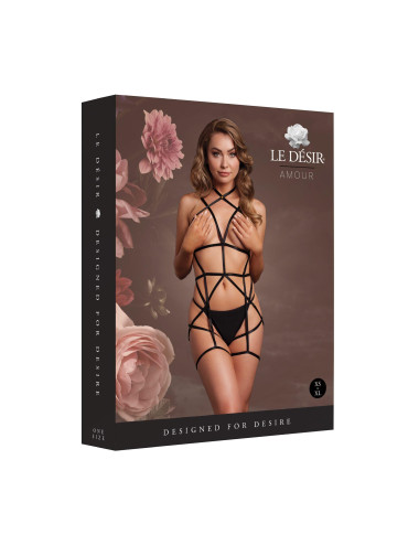 Strappy Open Cup Body Harness with Garters - One Size - Black