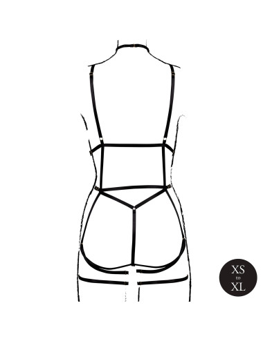 Strappy Open Cup Body Harness with Garters - One Size - Black