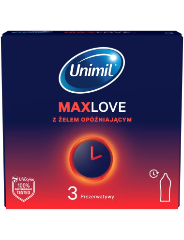 UNIMIL BOX 3 MAX LOVE - Afrodyzjaki, Prezerwatywy opóźniające z benzokainą 4,5% (3 szt.)