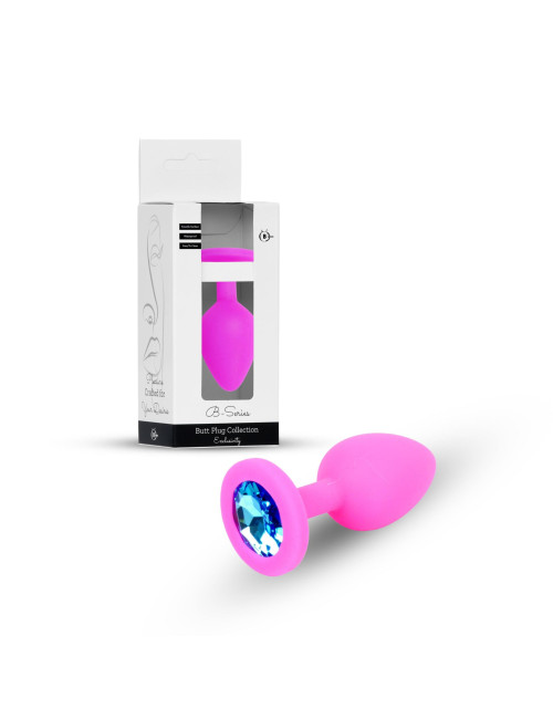 B - Series HeavyFun Różowy Silikonowy Plug Small z Jasnoniebieskim Kryształem