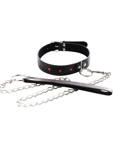 Kagańce BDSM: Obroża-serce z odpinaną smyczą – regulowana, PU leather, bezniklowe okucia