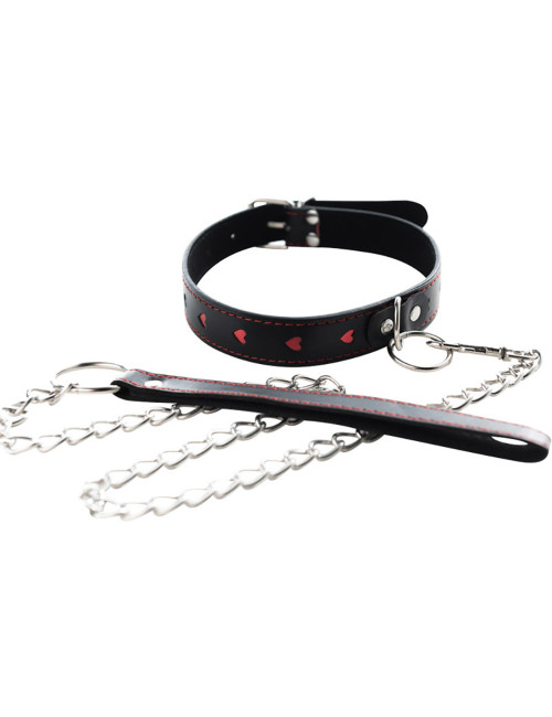 Kagańce BDSM: Obroża-serce z odpinaną smyczą – regulowana, PU leather, bezniklowe okucia