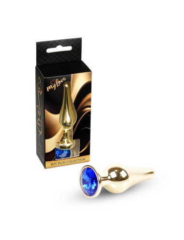 MyLove Toys Jewellery Gold Butt Plug Dark Blue - Biżuteria analna, zabawki analne ze stali nierdzewnej