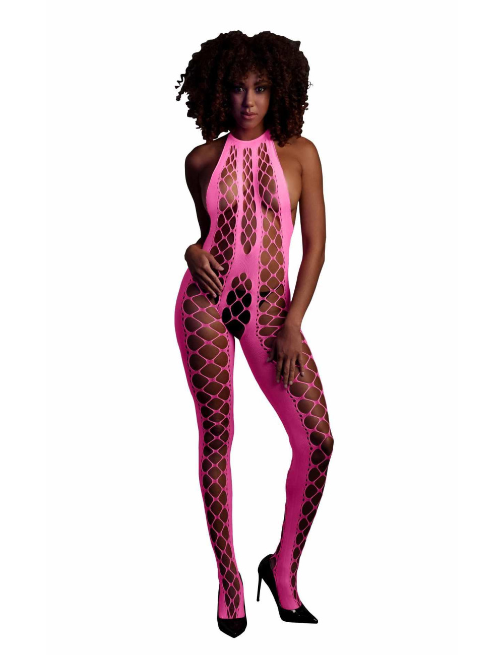 Bodystocking z halterneck - Pink, Neon UV - Bielizna damska XS/XL