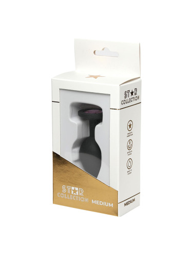 Star Collection - Black Silicone Anal Plug M - Light Pink Stone